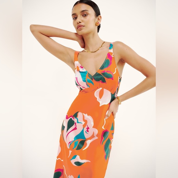 Reformation Daytona Silk Dress Medium Sleeveless Orange Floral Midi V Neck - Picture 6 of 16
